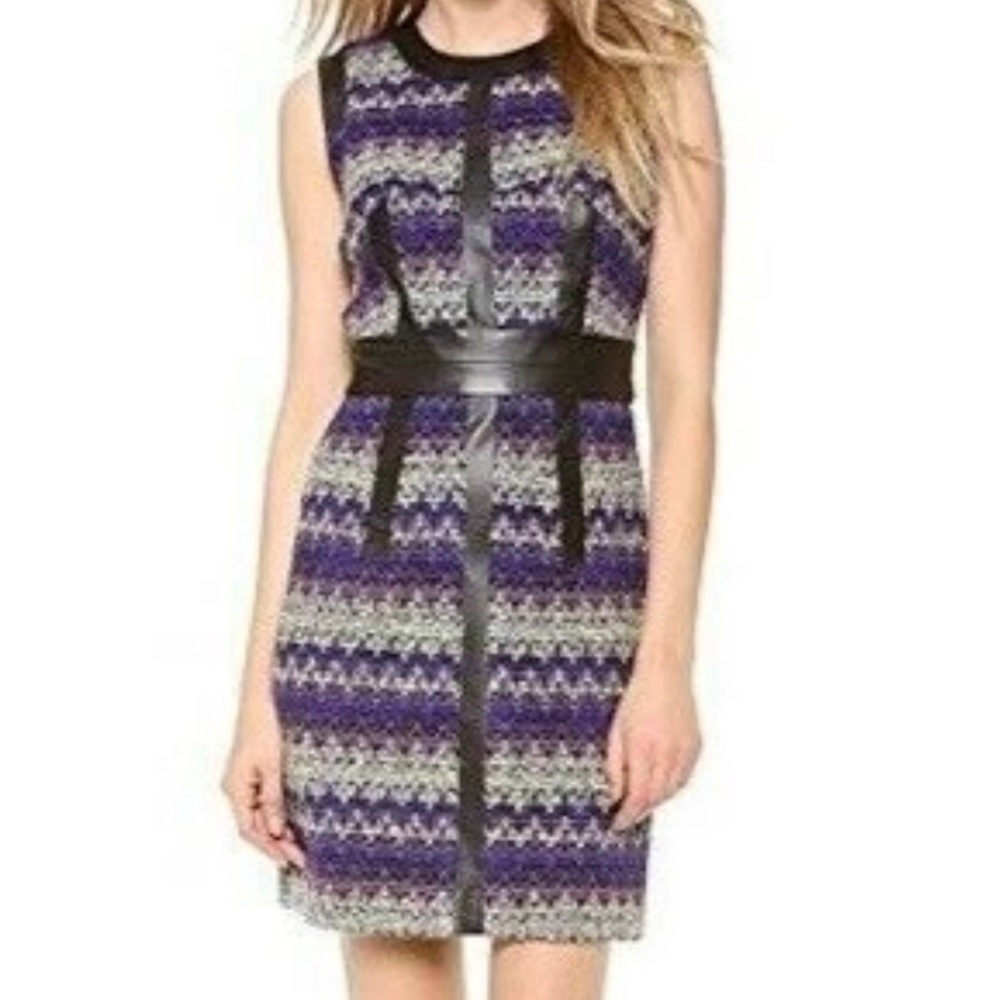 MILLY Tweed Chevron Zig Zigzag Virgin Wool Lamb Leather Mini Dress Size 8